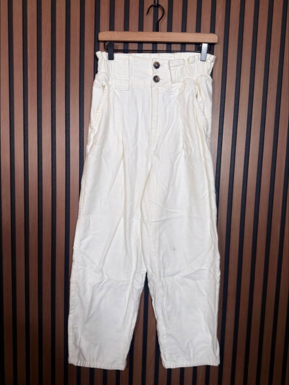 Free People Trousers 6 Womens White Ruffled High Waist 2 Button 100% Cotton